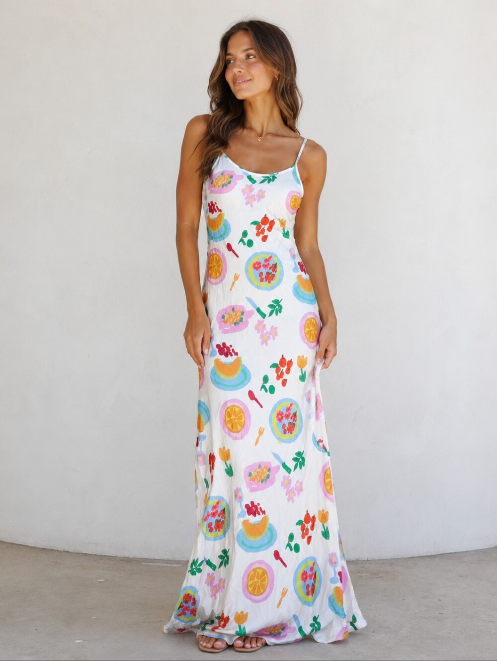 Princess Polly White Maxi Slip Dress with Multicolor Fruit Print